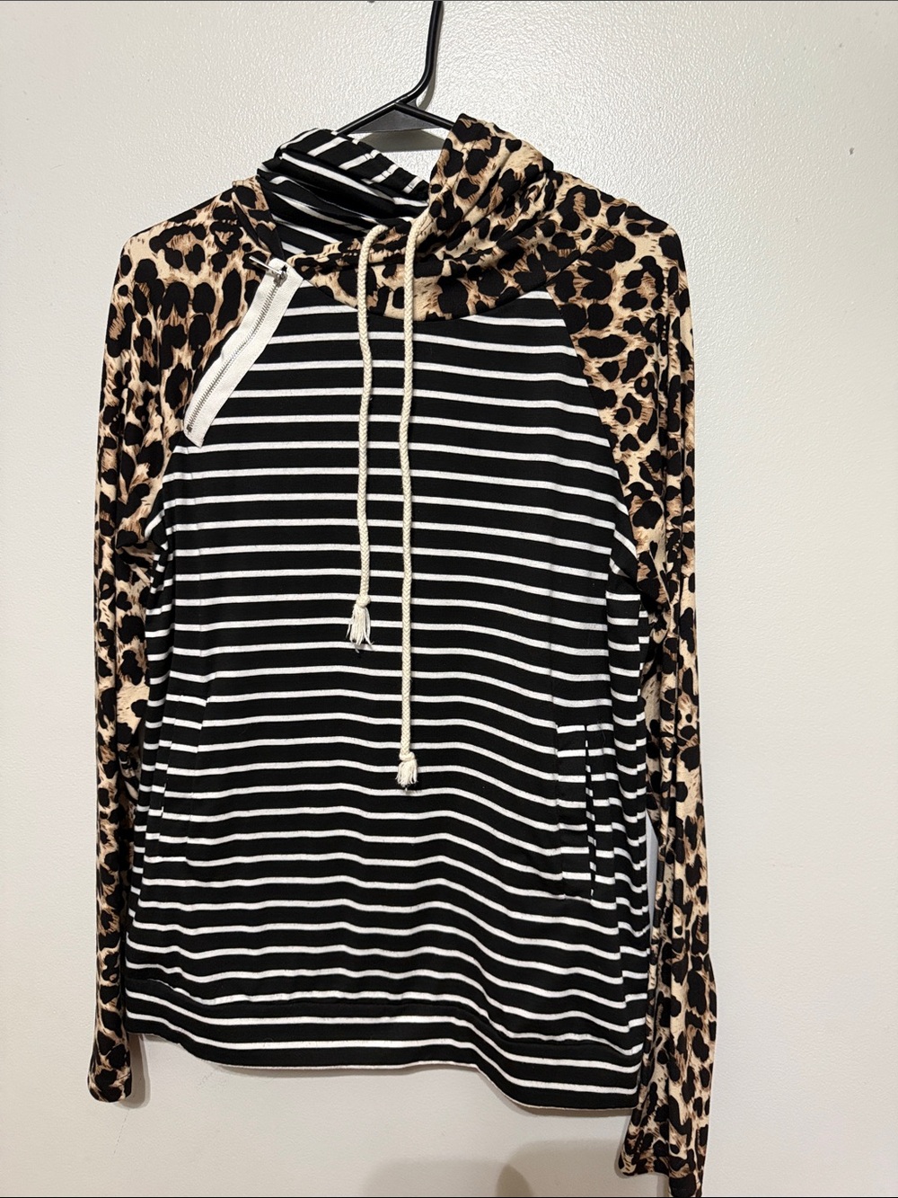 Black & Tan Striped Hoodie with Leopard-Print Sleeves